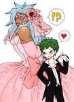  !? 2boys blue_hair crossdress crossdressing dark_skin earrings green_hair inazuma_eleven inazuma_eleven_(series) izuno_yuu jewelry multiple_boys nemuro_miyuki nero_(inazuma_eleven) rope tarusame tuxedo 