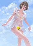  bikini brown_hair chiki_(botsugo) cloud day green_eyes navel original see-through short_hair sky solo swimsuit 