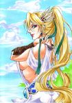  adjusting_hair al-10 belt blonde_hair blue_eyes breasts cloud clouds earrings female green_ribbon hair_ornament hide_face_devil jewelry large_breasts lips long_hair open_mouth outdoors ribbon see-through shoulder_pads sideboob sky solo sophitia_alexandra soul_calibur soul_calibur_iv soulcalibur_iv very_long_hair water 