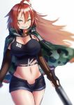  1girl ahoge arm_warmers bare_thighs blush breasts camouflage_cape cape cleavage commentary_request eyebrows_visible_through_hair fingerless_gloves girls_frontline gloves gun hair_between_eyes highres ks-23_(girls_frontline) large_breasts lodbyy long_hair navel orange_hair sharp_teeth short_shorts shorts shotgun smile solo tank_top teeth weapon white_background yellow_eyes 