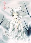  bare_trees bell canine collar cute feral fox fox_ears hair japanese_clothing japanese_text kitsune looking_at_viewer male mammal multiple_tails plain_background solo tail text white white_background white_clothing white_hair white_theme winter zaphk 