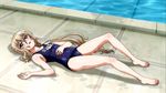  blonde_hair blue_eyes blush cap ekaterina_kurae loli long_hair lying one-piece_swimsuit pool ribbon school_swimsuit seikon_no_qwaser solo swimsuit teen twintails very_long_hair wet 