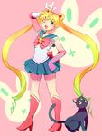  :d \m/ back_bow bad_id bad_pixiv_id bishoujo_senshi_sailor_moon blonde_hair blue_eyes blue_sailor_collar blue_skirt boots bow brooch cat choker crescent double_bun elbow_gloves gloves hand_on_hip happy jewelry knee_boots long_hair luna_(sailor_moon) magical_girl mame_(chamame) one_eye_closed open_mouth red_bow red_choker sailor_collar sailor_moon sailor_senshi_uniform skirt smile tiara tsukino_usagi twintails very_long_hair white_gloves 