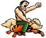  arcanine belt capcom cross crossover facial_hair final_fight gen_1_pokemon keijimatsu mike_haggar muscle mustache nintendo pokemon pokemon_(creature) riding short_hair topless 