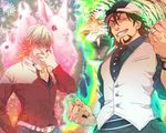  adjusting_eyewear bad_id bad_pixiv_id barnaby_brooks_jr belt blonde_hair bracelet brown_eyes brown_hair bunny cabbie_hat facial_hair glasses glowing green_eyes hat heart jewelry kaburagi_t_kotetsu male_focus mamemo_(daifuku_mame) multiple_boys necklace necktie ring stubble studded_belt tiger tiger_&amp;_bunny v-neck vest watch wedding_band wristwatch 