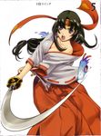  absurdres black_hair eiwa hakama headband highres japanese_clothes long_hair low-tied_long_hair miko ofuda open_mouth purple_eyes queen's_blade red_hakama ribbon-trimmed_sleeves ribbon_trim solo sword tomoe weapon 