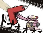  book chain chibi crescent dumbbell exercise kurokoori long_hair patchouli_knowledge prehensile_hair punching_bag purple_hair reading solo touhou translated wide_face 