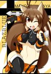  :3 animal_ears antenna_hair bad_id bad_pixiv_id black_gloves blazblue blush breasts brown_hair character_name copyright_name eijsvl fang fingerless_gloves gloves large_breasts makoto_nanaya midriff navel one_eye_closed open_mouth orange_skirt red_eyes revealing_clothes short_hair skirt solo squirrel_ears squirrel_tail tail thighhighs tonfa underboob weapon 