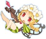  blonde_hair bow_(weapon) braid chibi crossbow fairy flower full_body hair_flower hair_ornament mercedes mota odin_sphere open_mouth pointy_ears puff_and_slash_sleeves puffy_sleeves red_eyes solo transparent_background twin_braids weapon wings 
