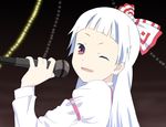  fujiwara_no_mokou lights looking_at_viewer microphone nagi-sama sleeve_brace touhou white_hair white_shirt winking 
