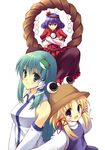  aqua_eyes blonde_hair blue_eyes blue_hair detached_sleeves green_eyes green_hair hat kochiya_sanae moriya_suwako multiple_girls nanashi_(soregashi) outstretched_arms red_eyes rope shide shimenawa spread_arms touhou upper_body v_arms yasaka_kanako 