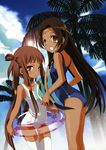  2girls absurdres beach black_hair brown_eyes child circlet code_geass dark_skin high_res innertube lens_flare loli long_hair miyashita_miki mizugi pettanko quad_tails sukumizu sumeragi_kaguya sun thighhighs tianzi very_long_hair white_hair white_school_swimsuit white_thighhighs 