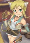  animal_ears axe bare_shoulders barrel blonde_hair boots braid brick_wall coin elbow_gloves glasses gloves grin hand_on_hip hashi highres long_hair original sheath shorts smile solo sword tail twin_braids weapon 