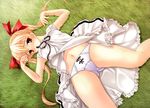 absurdres blonde_hair blush bow bow_panties grass highres konneko long_hair lying mikeou minamino_nanami mouth_hold on_back on_grass panties red_eyes ribbon ribbon_in_mouth solo twintails underwear white_panties 