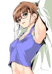  1girl armpits arms_up bangs biting blue_bra blue_shirt bound bound_arms bra breasts brown_hair erect_nipples glasses green_eyes hassystants highres jacket lip_biting looking_at_viewer medium_breasts midriff navel open_clothes open_jacket original pink_lips red-framed_eyewear semi-rimless_eyewear shirt simple_background solo sweat tank_top under-rim_eyewear underwear white_background white_jacket 