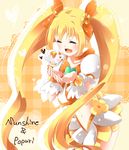  ^_^ bad_id bad_pixiv_id blonde_hair bow character_name choker closed_eyes cure_sunshine hair_ribbon happy heart heartcatch_precure! highres long_hair magical_girl midriff myoudouin_itsuki navel open_mouth orange_bow orange_choker potpourri_(heartcatch_precure!) precure ribbon skirt solo tama_(nezumi) twintails wrist_cuffs 