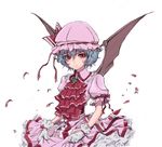  bat_wings blue_hair brooch cravat dress frills gloves hat jewelry manbou_(manvow) red_eyes remilia_scarlet solo touhou upper_body white_gloves wings 