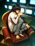  armchair bags_under_eyes barefoot biting chain chained chair checkered checkered_floor cuffs death_note denim easy_chair face feet feet_on_chair genzoman handcuffs hands jeans l_(death_note) male_focus pants solo sweater television thumb_biting 