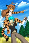  belt black black_markings blue_eyes blue_hair breasts brown_hair chest_tuft claws clothiing clothing couple duo fangs feline female flora_(twokinds) fur hair hindpaw human keidran mammal markings nude orange orange_fur pawpads paws piggyback pointing sitting slit_pupils smile standing tiger tom_fischbach trace_(twokinds) trace_legacy tuft twokinds webcomic white white_belly worried yellow_eyes 
