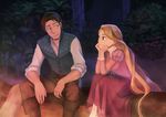  1girl barefoot black_eyes black_hair blonde_hair brown_eyes flynn_rider green_eyes long_hair rapunzel_(disney) sitting smile tangled very_long_hair wooga 