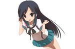  a_channel black_eyes black_hair bow collarbone long_hair nishi_yuuko pleated_skirt school_uniform serafuku simple_background skirt smile solo sora_to_umi tsurime 