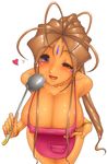  1girl aa_megami-sama apron belldandy blush breasts cleavage erect_nipples highres mashitaka naked_apron solo soup_ladle wink 