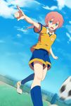  banned_artist blue_eyes harano inazuma_eleven_(series) inazuma_eleven_go kirino_ranmaru low_twintails male_focus open_mouth pink_hair pointing running soccer_field soccer_uniform solo sportswear twintails 