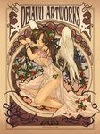  angel_wings art_nouveau breasts brown_hair flower food food_themed_hair_ornament fruit green_eyes hair_ornament kneeling legs long_hair malino_(dream_maker) medium_breasts original side_slit sideboob solo strawberry strawberry_blossoms strawberry_hair_ornament wings 