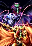  cape glowing glowing_eyes irisu_haniwa kamen_rider kamen_rider_dark_kiva kamen_rider_kiva kamen_rider_kiva_(series) kamen_rider_saga male_focus multiple_boys sword weapon whip 