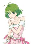  akizuki_ryou antenna_hair arm_cuffs bad_id bad_pixiv_id bare_shoulders bow crossdressing cute_&amp;_girly_(idolmaster) green_eyes green_hair highres idolmaster idolmaster_dearly_stars male_focus mojamoja otoko_no_ko pink_bow short_hair skirt smile solo sweat undressing wrist_cuffs 