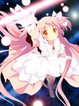  blush boots bow dress hair_bow highres kaname_madoka long_hair mahou_shoujo_madoka_magica md5_mismatch pink_hair solo spoilers twintails ultimate_madoka very_long_hair yamasan yellow_eyes 