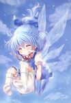  absurdres bloomers blue_hair blush bow cirno closed_eyes day falling feet hair_bow heart highres kneehighs ponytail sky smile socks solo touhou underwear wings yukiu_kon 