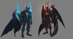  bat_wings black_wings claws dante_(devil_may_cry) demon demon_horns demon_wings devil_may_cry devil_may_cry_5 devil_trigger glowing glowing_eyes grey_background highres horns large_wings multiple_wings official_art sharp_teeth standing teeth vergil wings yoshikawa_tatsuya 