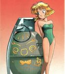  90s blonde_hair bob_cut closed_mouth explosive gradient gradient_background green_eyes grenade gunsmith_cats minnie_may_hopkins one-piece_swimsuit oversized_object scan solo sonoda_ken'ichi swimsuit 