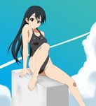  akane_(fukuoka_katsumi) barefoot black_hair brown_eyes cloud competition_swimsuit day feet fukuoka_katsumi long_hair looking_at_viewer nail_polish one-piece_swimsuit original sitting smile solo swimsuit toenail_polish 