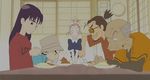  3boys animated animated_gif curry curry_rice flcl food haruhara_haruko multiple_boys multiple_girls nandaba_kamon nandaba_naota nandaba_shigekuni ninamori_eri rice 