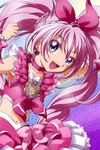  blue_eyes bow choker cure_melody earrings heart houjou_hibiki jewelry magical_girl midriff miesa navel open_mouth pink_bow pink_choker pink_hair precure skirt solo suite_precure twintails 