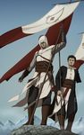  altair_ibn_la-ahad amputee assassin's_creed assassin's_creed_(series) black_hair flag gb_(doubleleaf) gloves highres hood male_focus malik_al-sayf multiple_boys scar sword vambraces weapon 