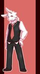  clothing dapper ear_piercing grin lagomorph looking_at_viewer male mammal piercing pink_background plain_background ponytail rabbit red_background red_eyes silverio solo standing 