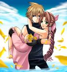  1boy 1girl aerith_gainsborough barefoot blonde_hair blue_eyes brown_hair carrying cloud cloud_strife clouds dress feet female final_fantasy final_fantasy_vii flower green_eyes long_hair male pants pink_ribbon pomato65 ponytail ribbon short_hair sky sleeveless sleeveless_turtleneck turtleneck water 