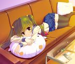  brown_eyes cable cable_divider couch digital_media_player green_hair headphones highres ipod lying on_side original pillow revision saitou_tsukasa school_uniform serafuku skirt solo thighhighs twintails zettai_ryouiki 