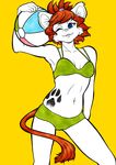  ball beach_ball bikini blue_eyes clothed clothing colored_background feline female flat_chest hair lion mammal michiyoshi one_eye_closed orange_hair plain_background pose short_hair skimpy solo standing swimsuit yellow_background 