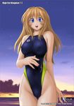  blonde_hair blue_eyes breasts competition_swimsuit covered_nipples high_cut_kingdom large_breasts long_hair murasaki_nyaa one-piece_swimsuit solo swimsuit 