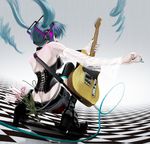  aqua_eyes aqua_hair belt bitter_sweet_(bs6968) boots breasts butt_crack checkered checkered_floor covered_nipples detached_sleeves electric_guitar fender flower from_behind guitar hatsune_miku headphones instrument long_hair medium_breasts nail_polish plectrum see-through solo squatting telecaster thighhighs twintails vocaloid 