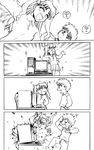  4koma bow chibi cleaned comic computer cross emiya_shirou explosion failure fate/stay_night fate_(series) hair_bow hair_ribbon happy highres long_hair miniskirt monochrome ribbon silent_comic skirt smile surprised takadoya thighhighs tohsaka_rin twintails what zettai_ryouiki 