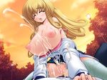  1boy 1girl blonde_hair bra breasts breasts_out censored cowgirl cowgirl_position cum cum_explosion cum_on_body cum_on_breasts cum_on_upper_body eyes_closed game_cg girl_on_top gunner-l huge_breasts koinoki_shizuku lamp long_hair nipples outdoors outside penis pink_eyes sex sky straddle straddling thighhighs tree trees tsuri_baka underwear 
