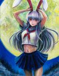  alternate_costume animal_ears arms_up bunny_ears full_moon lavender_hair long_hair midriff miniskirt moon navel oil_painting_(medium) pink_eyes pleated_skirt reisen_udongein_inaba school_uniform serafuku skirt solo tafuto touhou traditional_media very_long_hair 