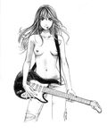  ballpoint_pen_(medium) breasts denim electric_guitar fender greyscale guitar hellen86 instrument jeans long_hair monochrome nail_polish navel nipples original pants plectrum signature small_breasts smile solo topless torn_clothes torn_jeans torn_pants traditional_media 