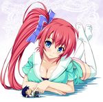  :3 blue_eyes blush breasts cleavage collarbone comic_party crossed_legs drooling face feet foreshortening hair_ribbon highres kawase_seiki large_breasts long_hair looking_at_viewer lying on_stomach panties pink_panties red_hair ribbon sendou_kazuki side_ponytail smile solo takase_mizuki thighhighs underwear white_legwear 