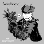  1boy :d anniversary artist_name bloodborne capelet closed_eyes commentary_request gloves greyscale hat highres holding hunter_(bloodborne) kamezaemon long_sleeves looking_at_viewer male_focus monochrome short_hair simple_background smile solo teeth tricorne upper_teeth 